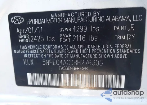 2011 Hyundai Sonata Se из США, поврежденный, VIN 5NPEC4AC3BH276305